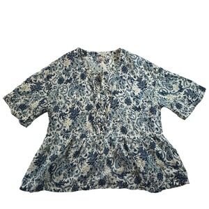Faherty Linen Floral Lace Up Peasant Tunic Blouse Women's Size Small